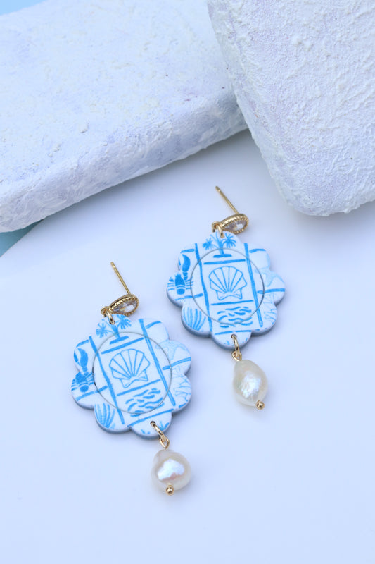 *Classic Coastal Print Scalloped Pearl Dangles